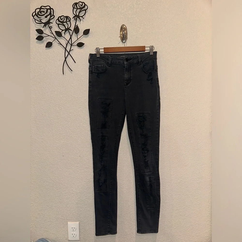 Kendall + Kylie Black Distressed Retro Jeans Ripped Skinny Mid Rise Size 9 - Picture 1 of 11